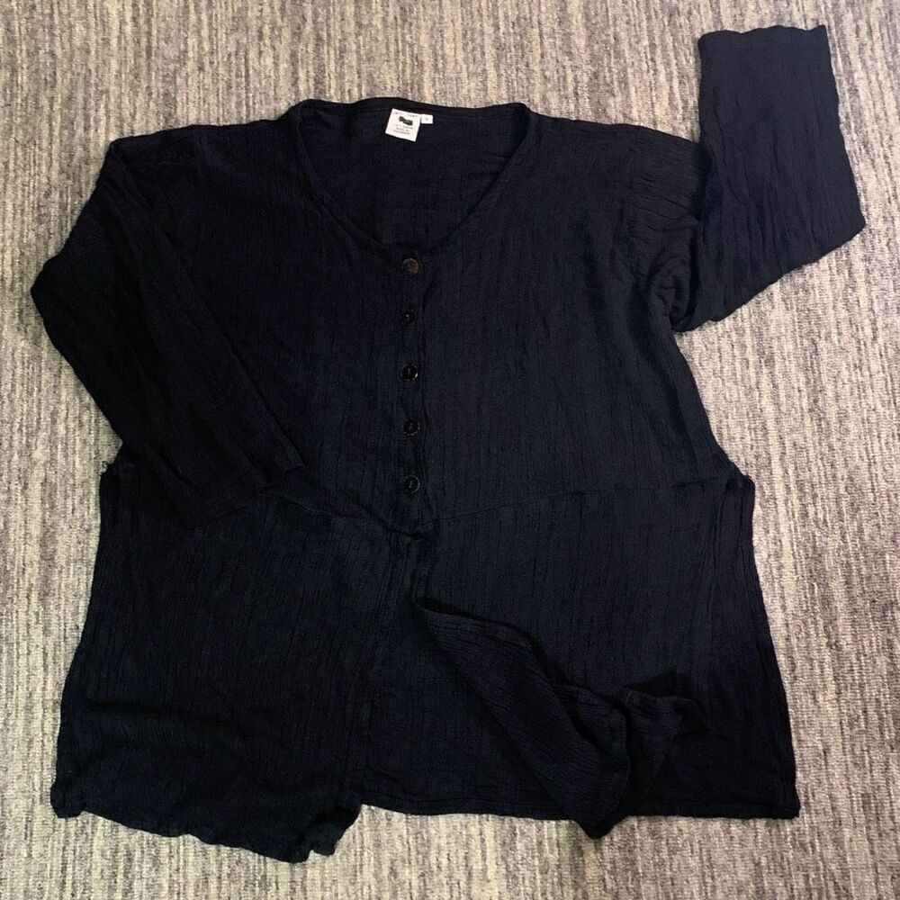 Las Manos Womens Size XL Button Front Blouse Top Black Long Sleeve V Neck‎ Gauzy